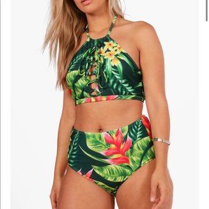Boohoo Plus Tropical Print Lace Up High Waist Two Piece Bikini